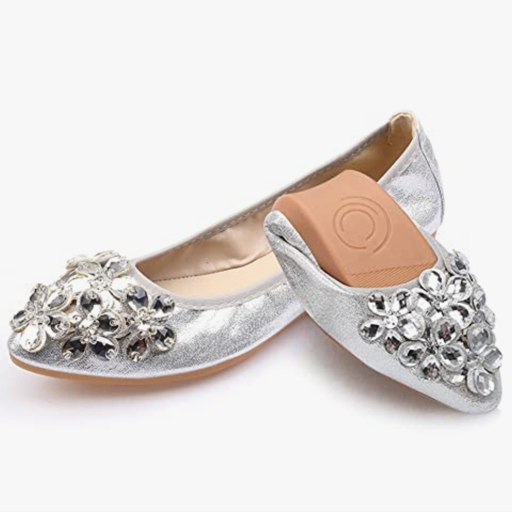 NWOT Guansitu Women's Foldable Embellished Ballerina Slip-On Rhinestone Flats
